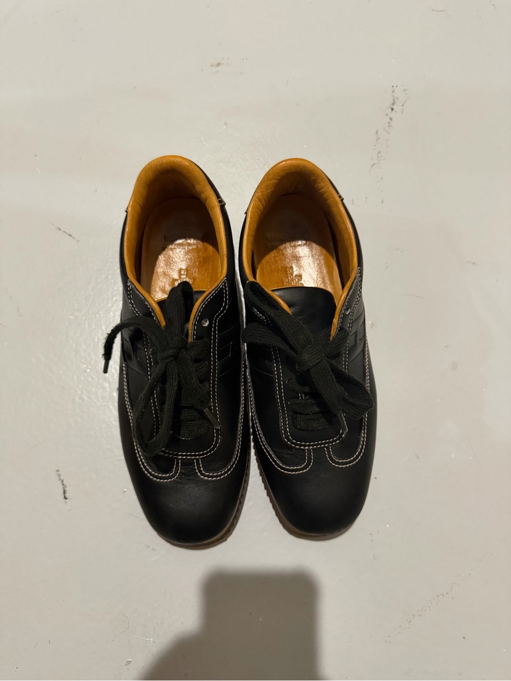 HERMES Black Leather Lace-Up Sneakers with Tan Interior
